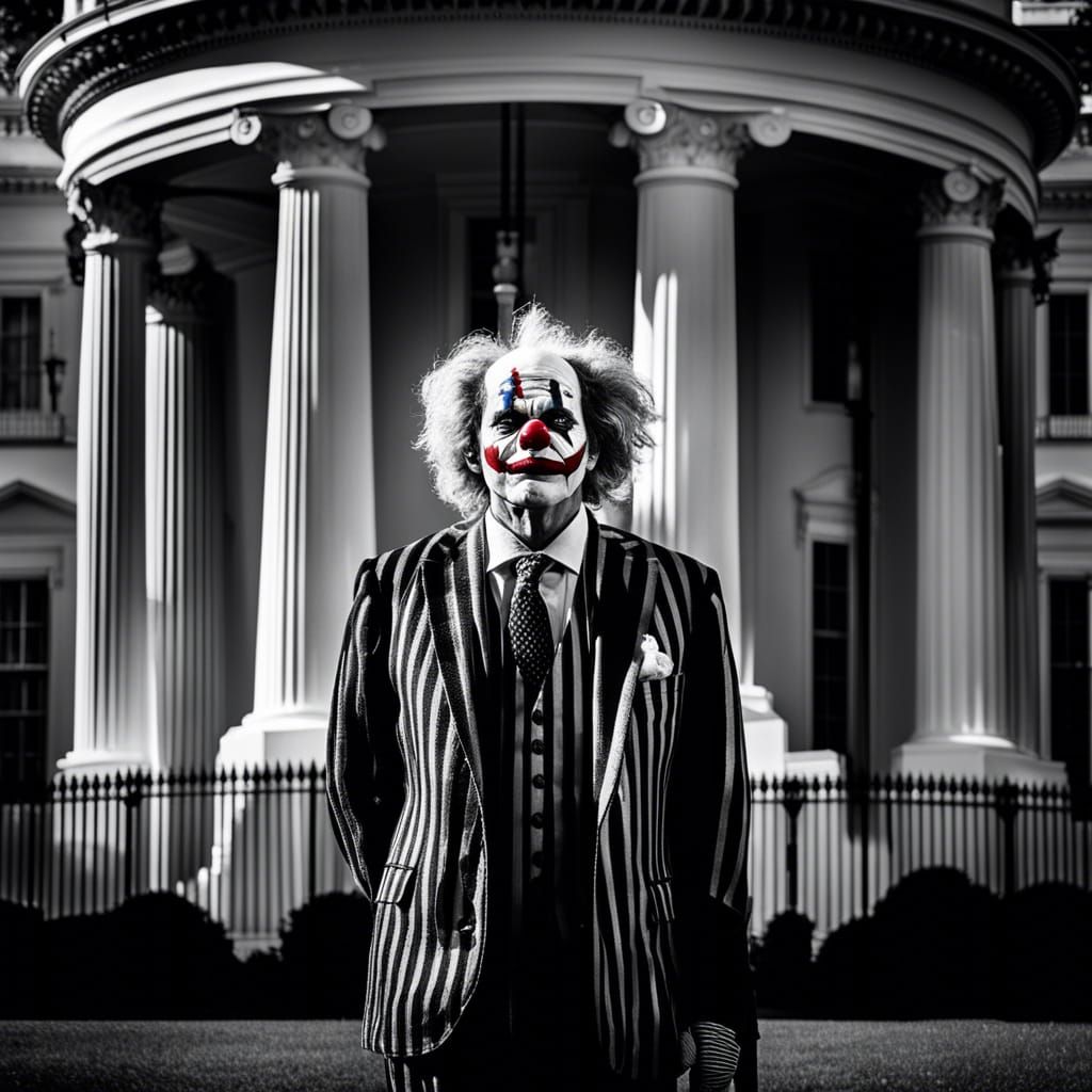 Clown Performance at White House in Gritty Black and White