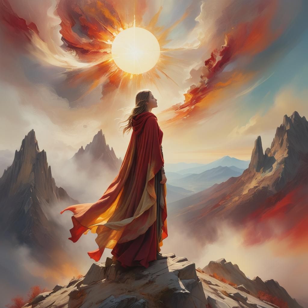 Fantasy Woman Draws Sun in Surreal Landscape