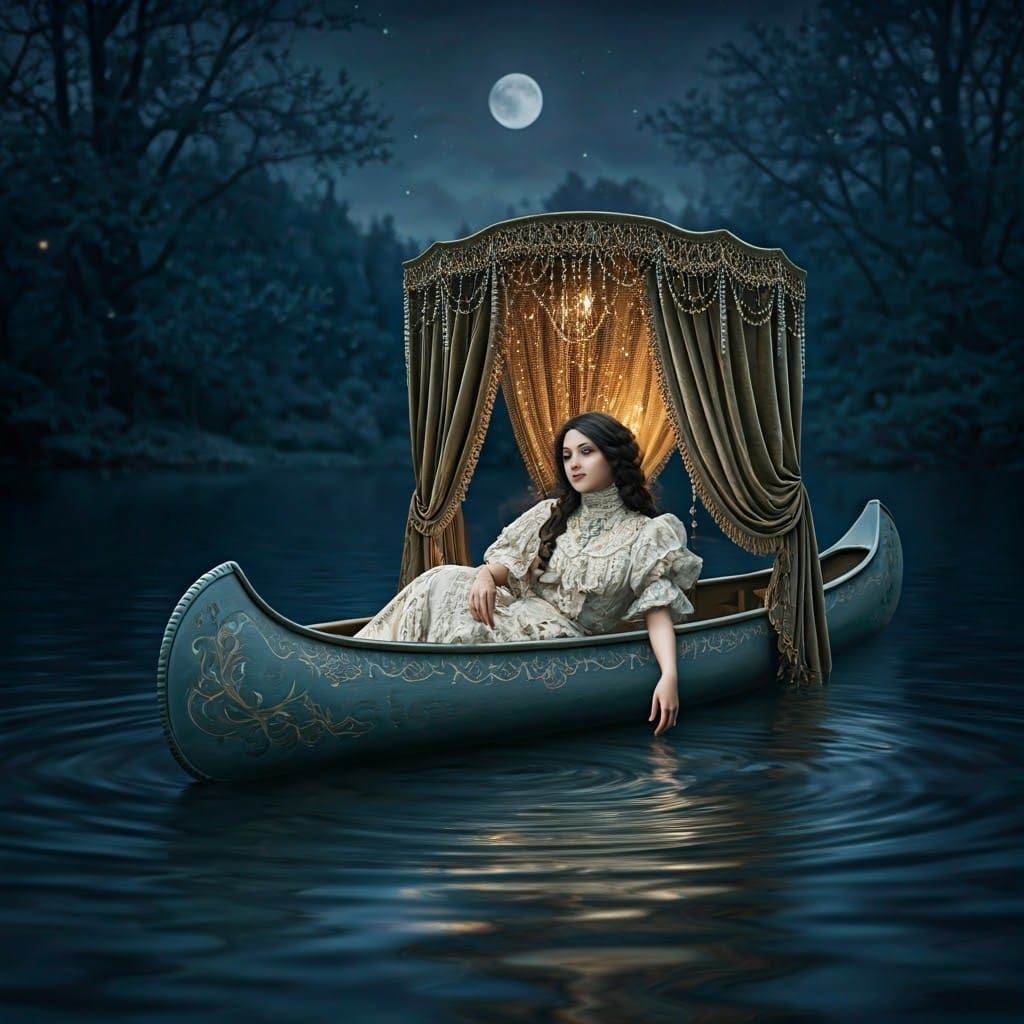 Victorian Woman in Canoe on Moonlit Lake