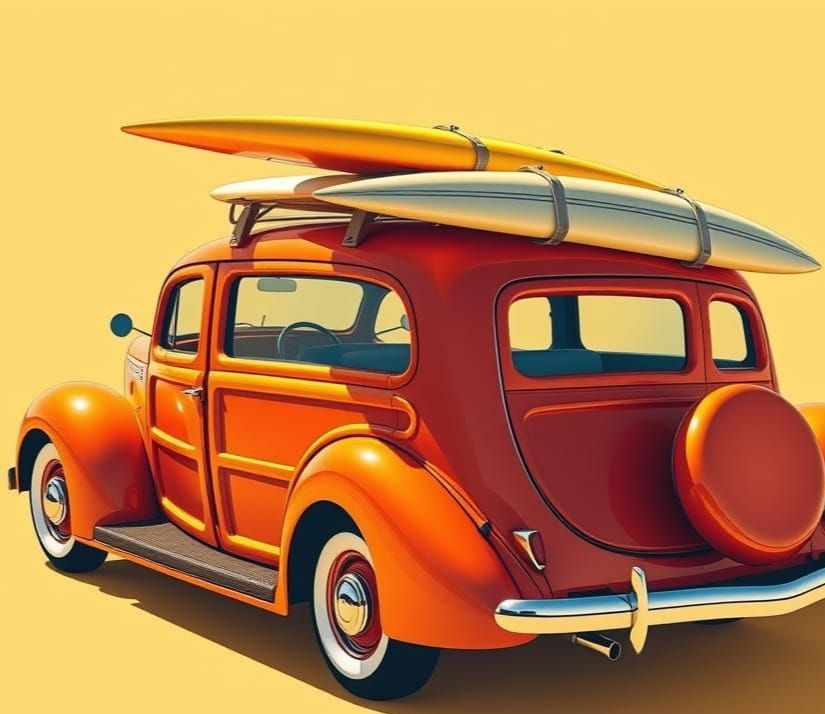 Vintage 1937 Ford Wagon Woody with Surfboards