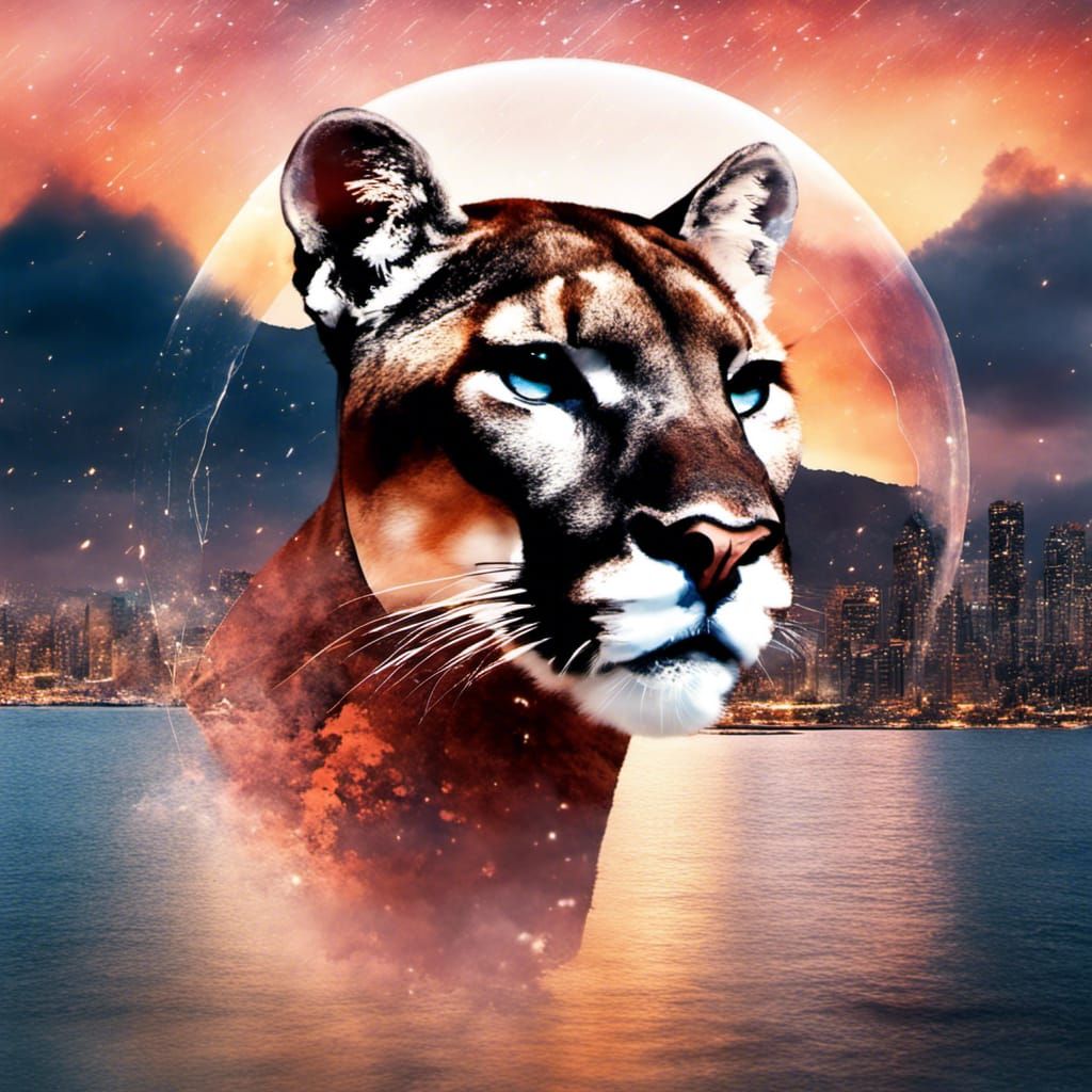 Double Exposure: Mountain Lion, Ocean, Sunset, City