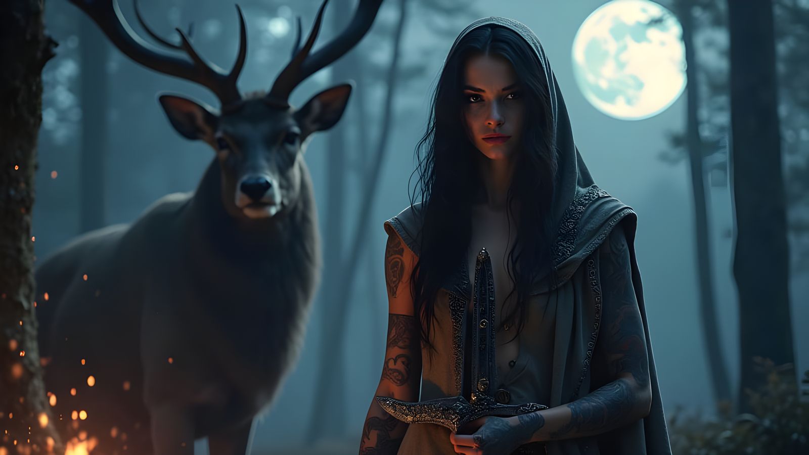 Norse Warrior Priestess Under Moonlit Sky