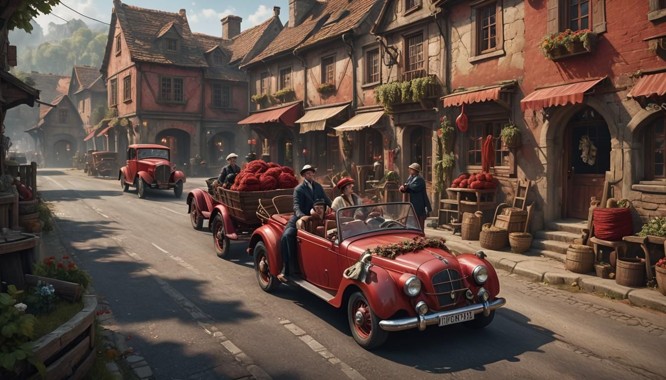 Victorian Couple Waving from Classic Red Car