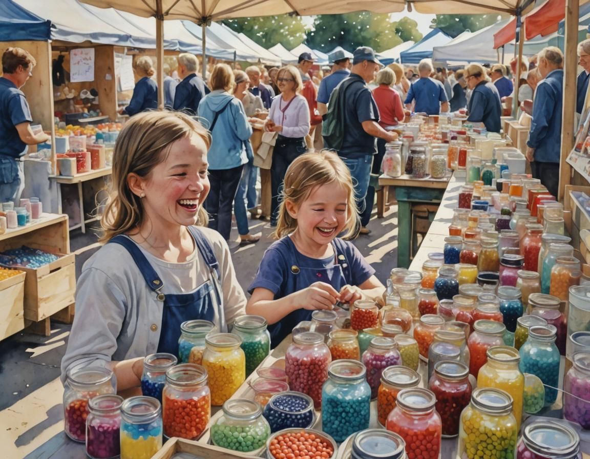 Girl Views Beads at Fair in Watercolor Style