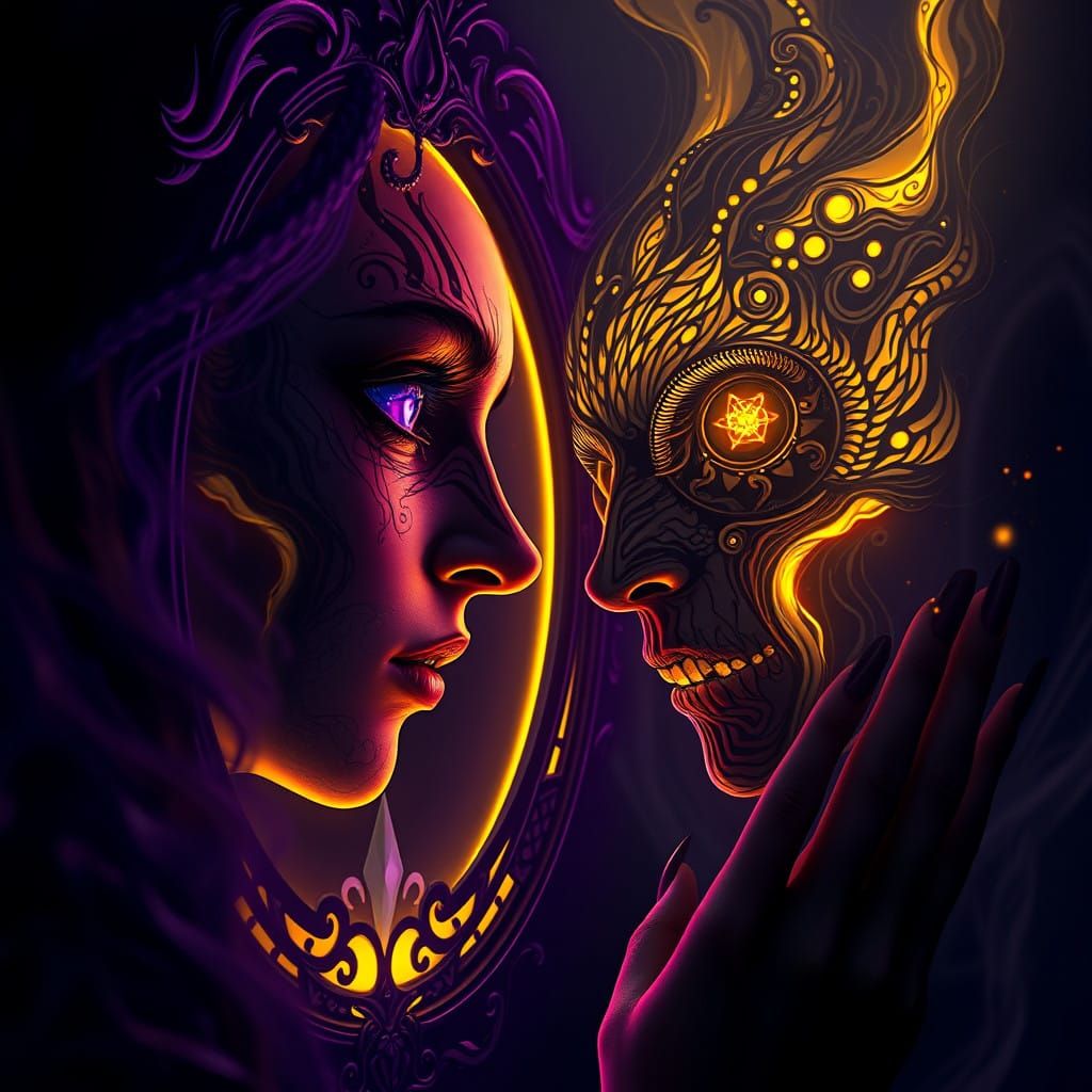 Dark Fantasy Goddess in Haunting Black Mirror