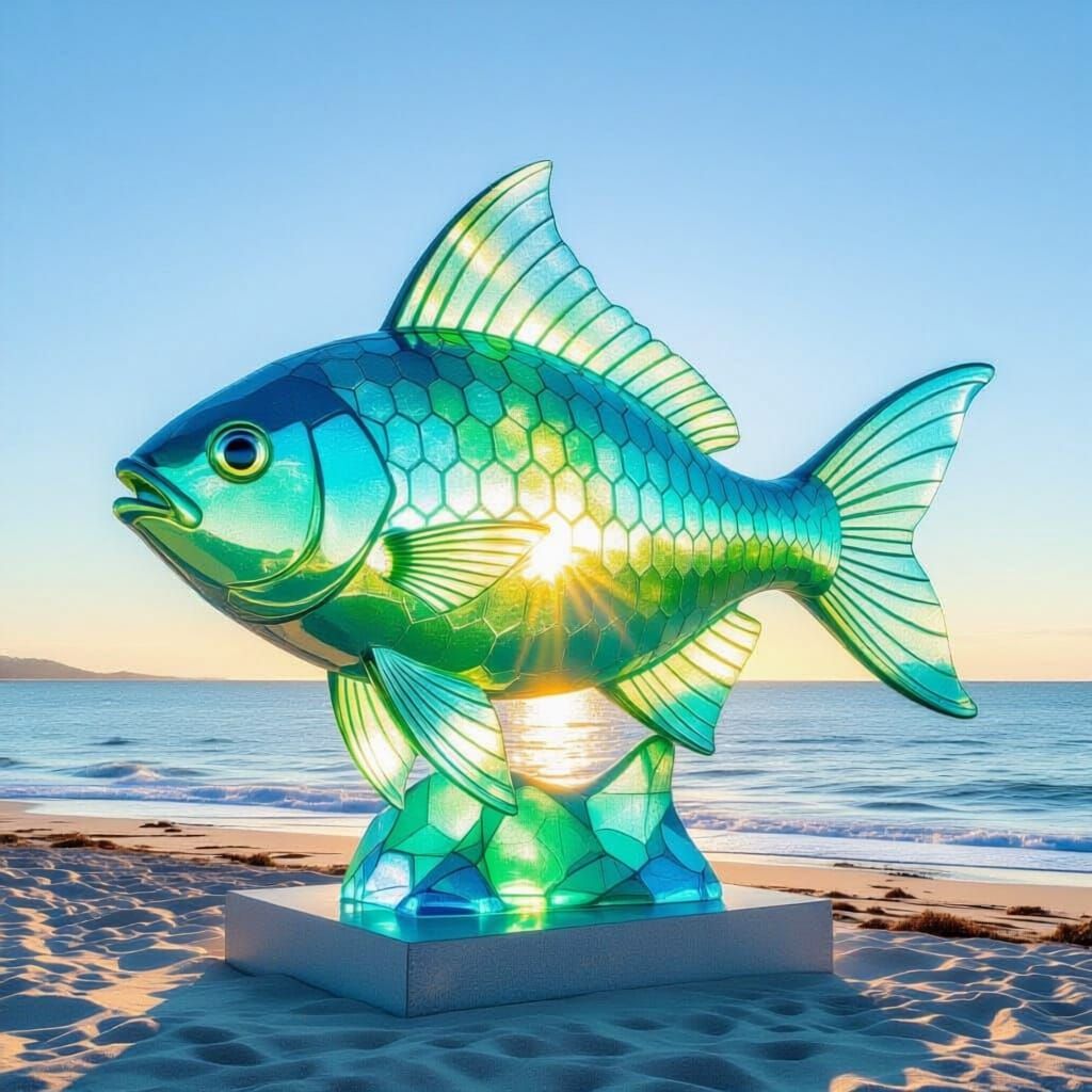 Glass fish statue on the sea shore.