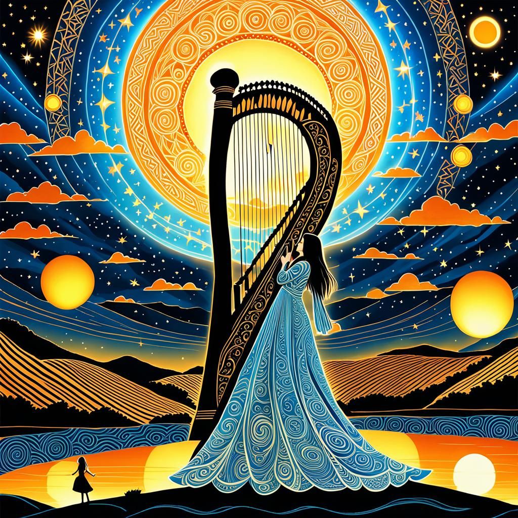 Woman with Harp in Foam Art Zentangle Style