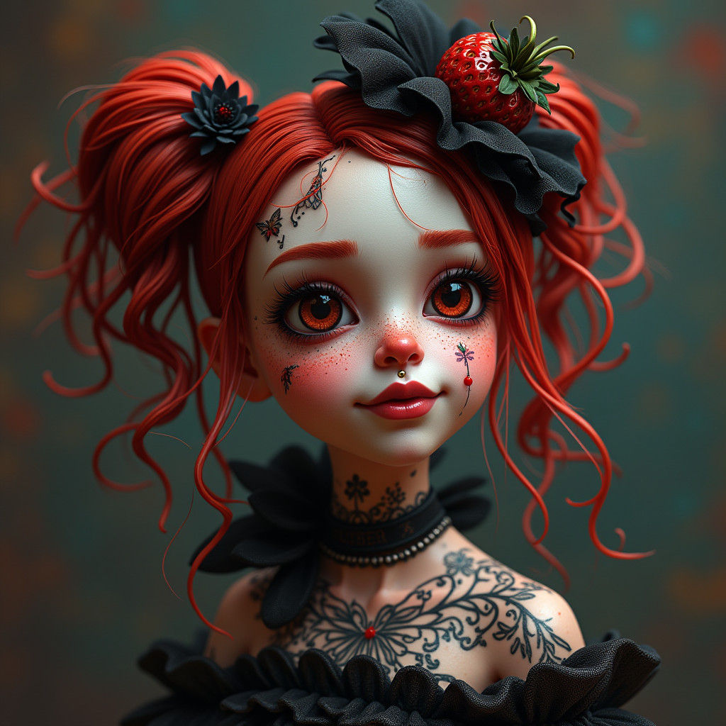 Gothic Strawberry Shortcake with Tattoos: 3D Render