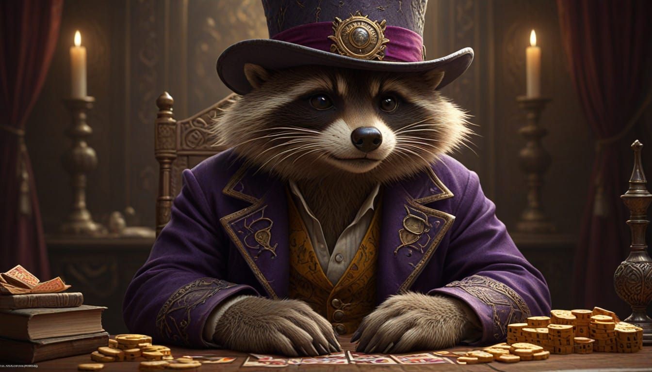 Mystical Raccoon Gambler in Dimly Lit Poker Room