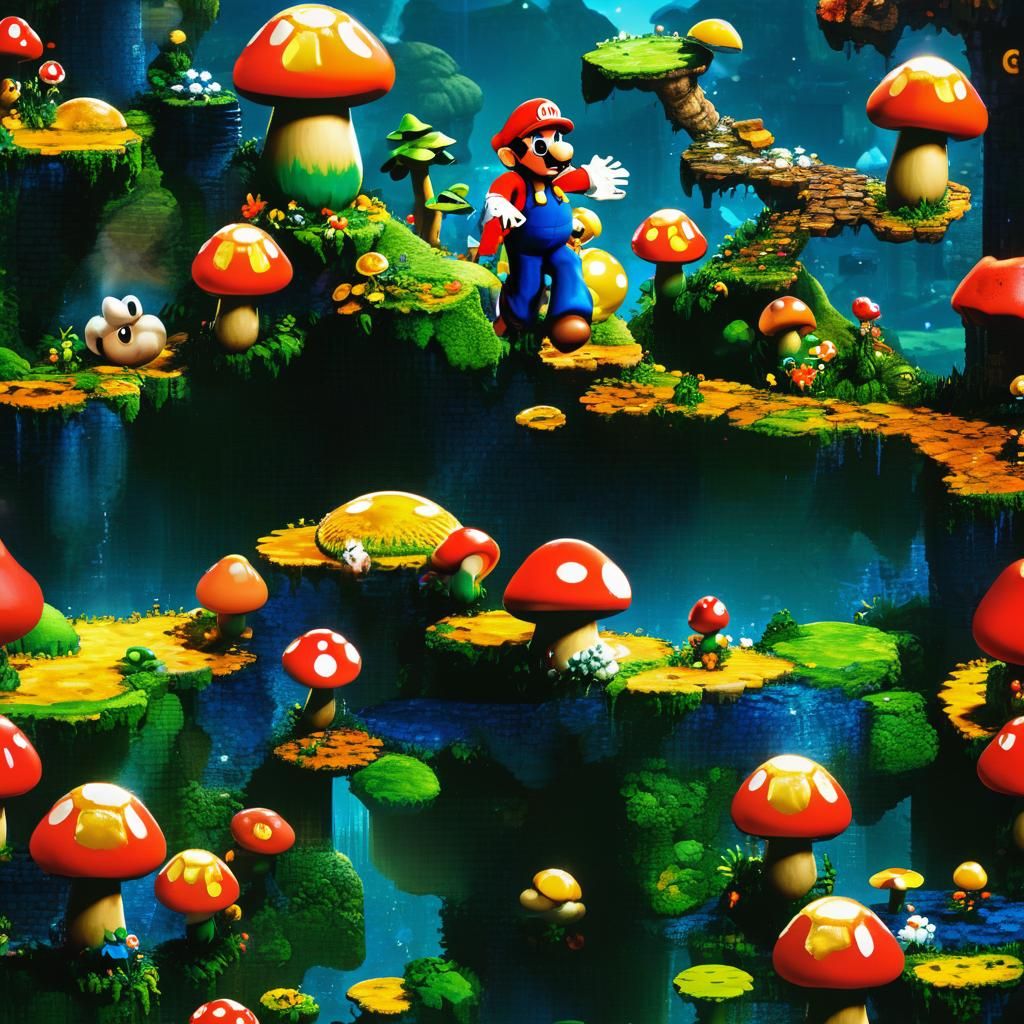 Vibrant Mushroom Kingdom Landscape with Super Mario and Toad