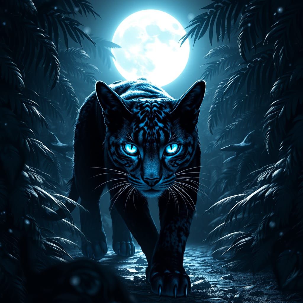 Moonlit Feline Creature Stalks Through Jungle