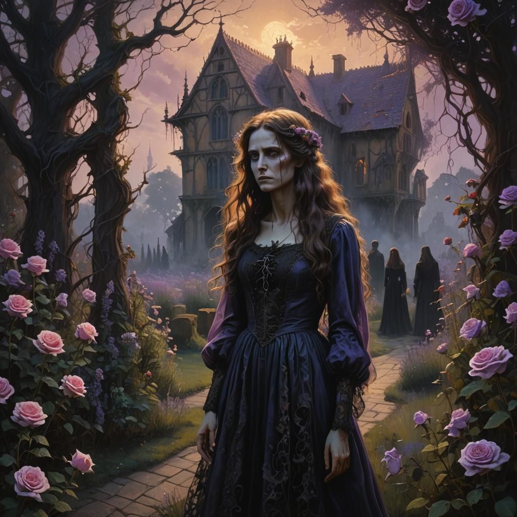 Ghost Woman in Lavender Garden: Dark Fantasy Oil Painting