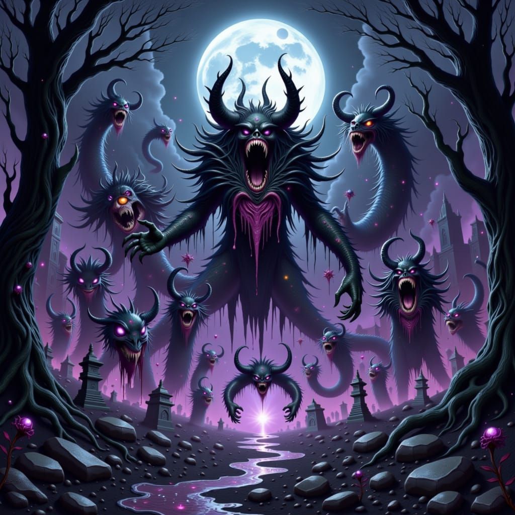 Night Parade of Terrifying Creatures in Gothic Horror Style