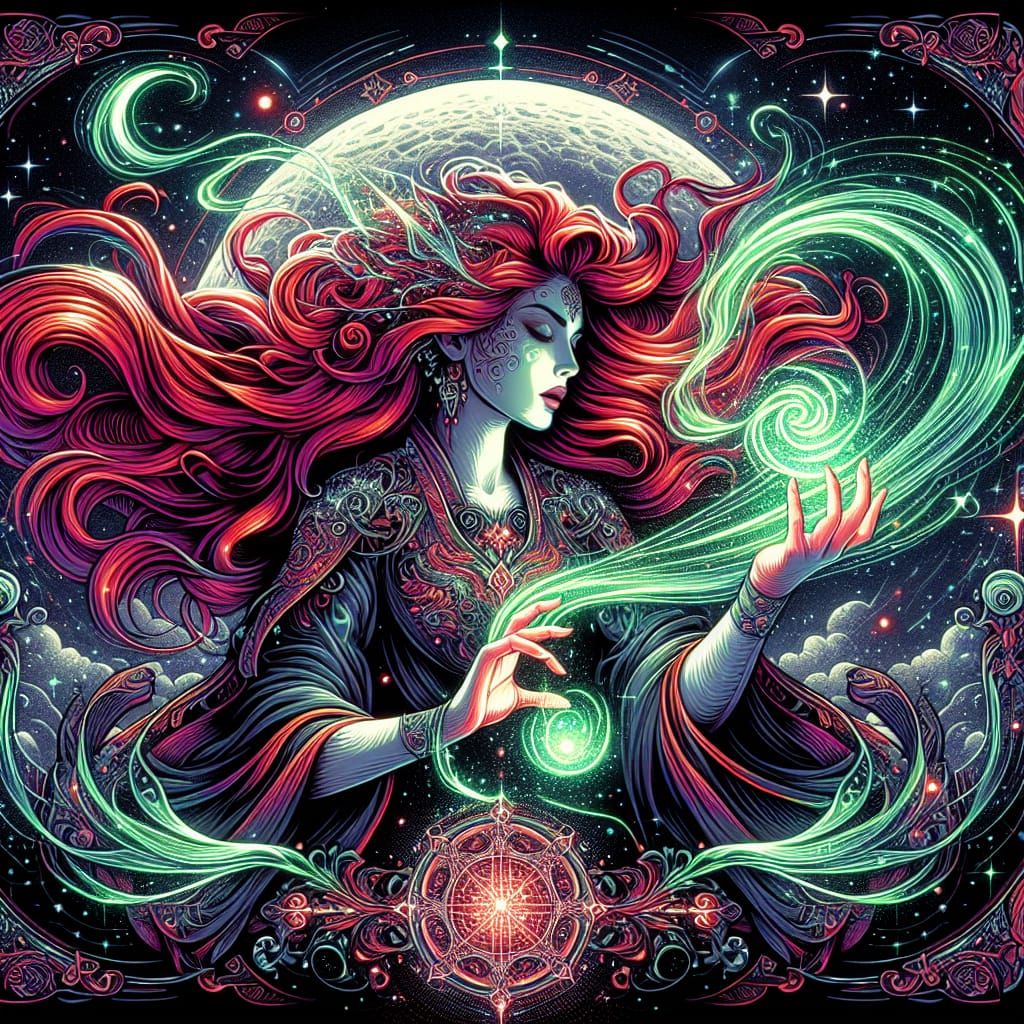 Red-Haired Sorceress Casting Spell in Cosmic Scene