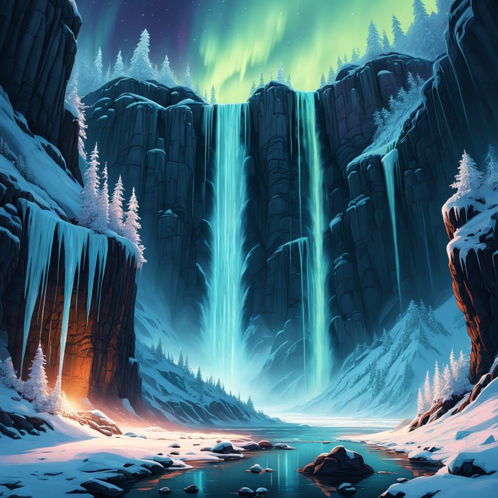 Aurora Borealis Illuminates Icy Alaskan Waterfall at Night