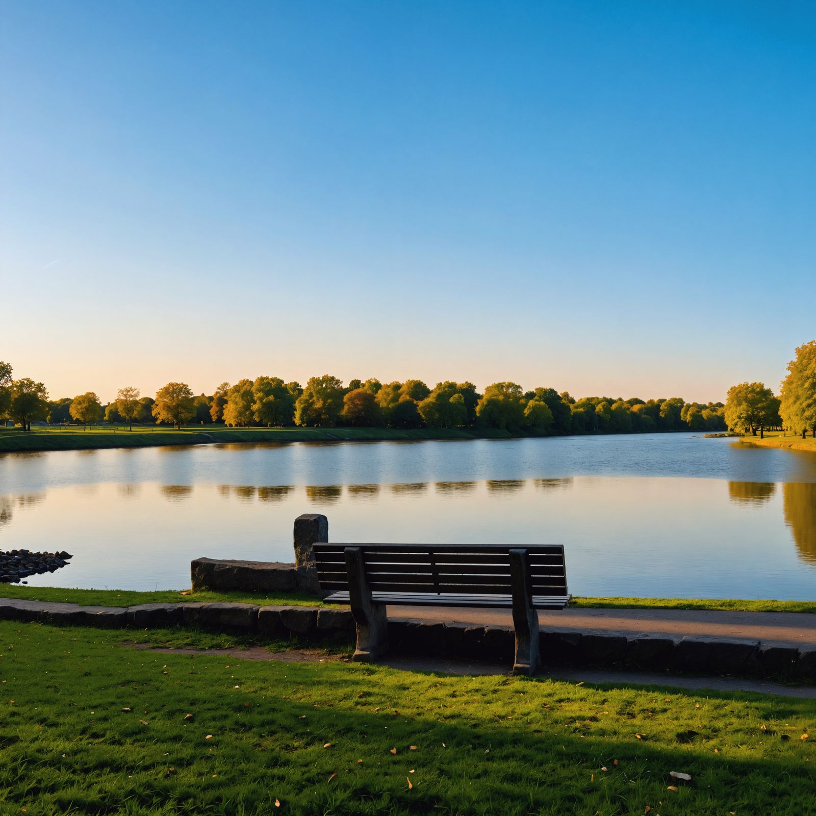 Hyperrealistic Park Bench Near River in HDR