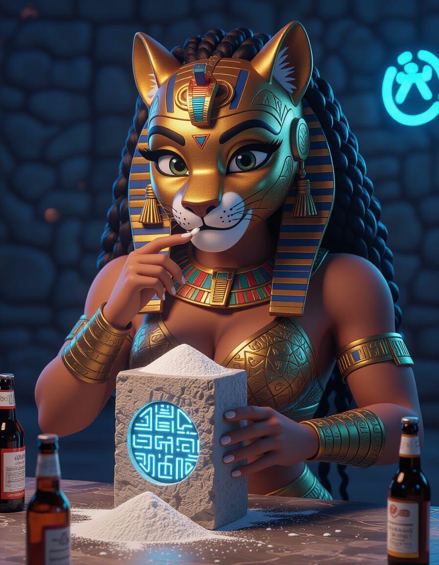 Futuristic Sekhmet Fitness Influencer in Dystopian Setting