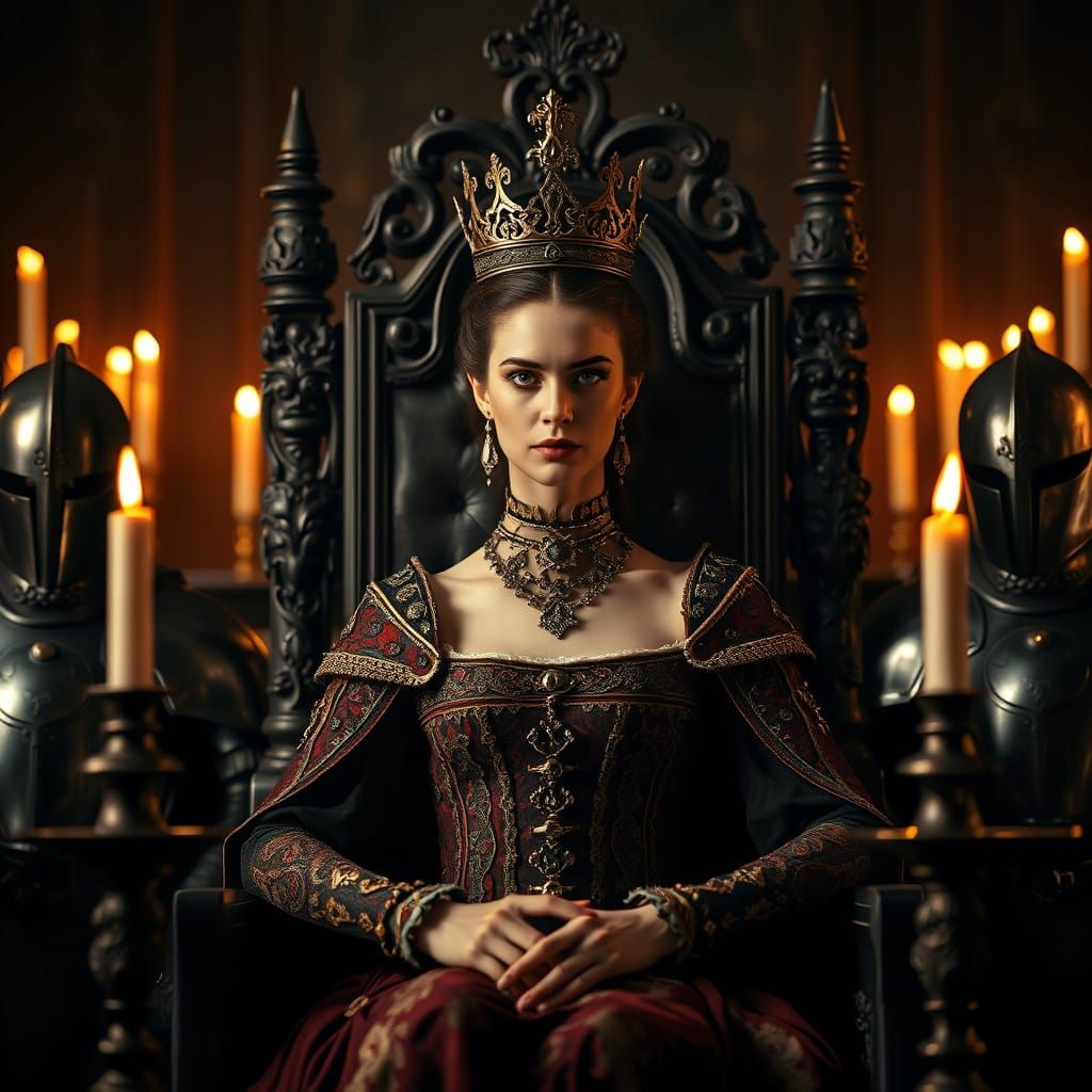 Regal Elizabeth Bathory Surrounded by Knights in Black Armor...