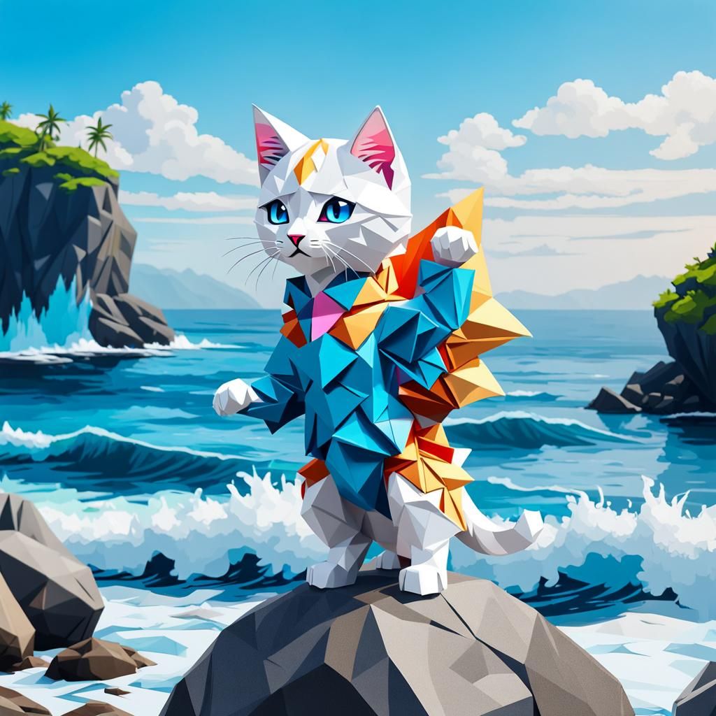 White Kitten by the Sea in Origami Style