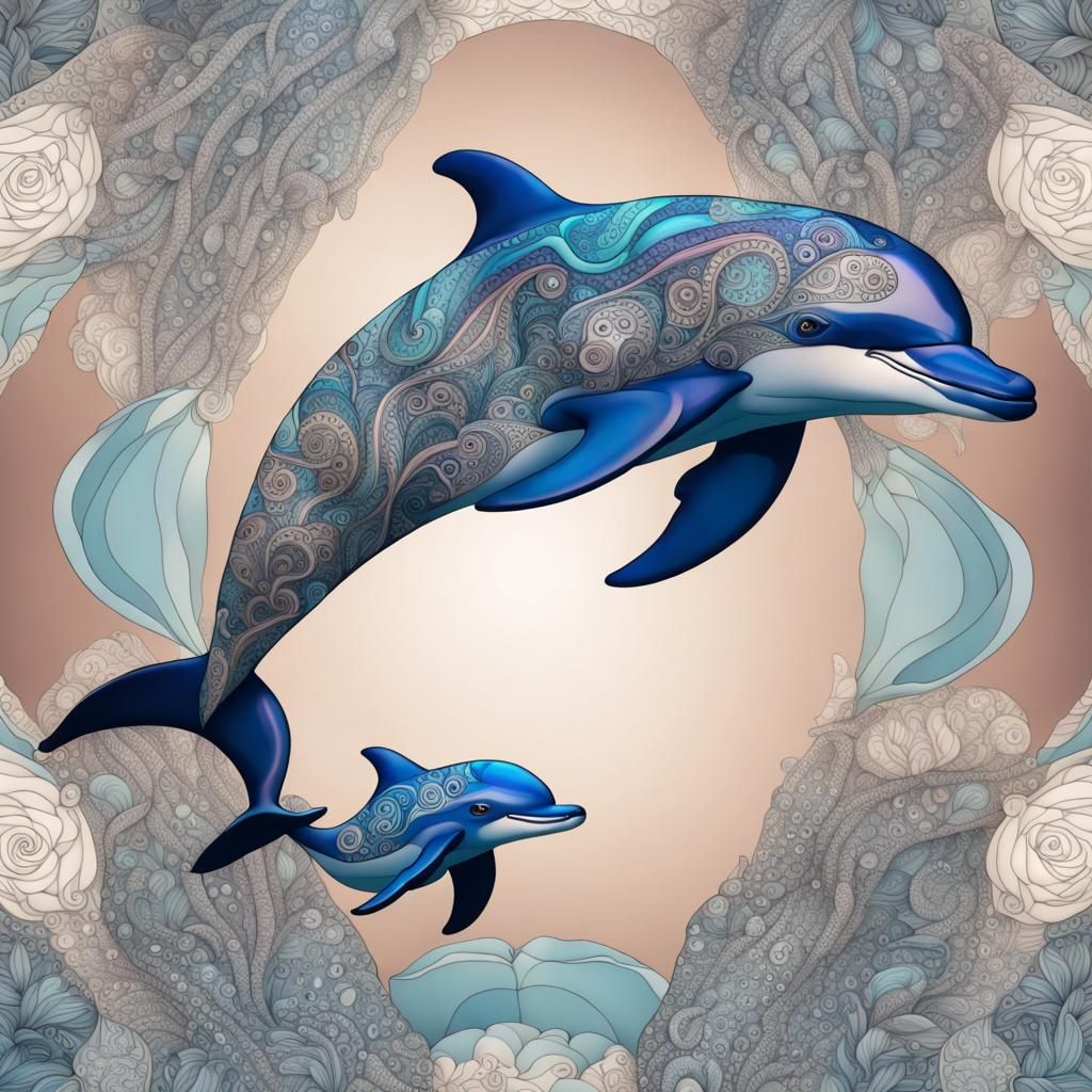 Detailed Zentangle Dolphin Mother and Baby in 8k