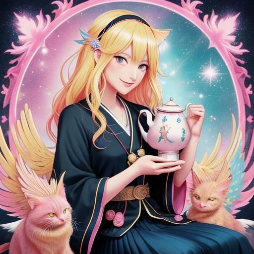 Anime Girl with Tarot Cards and Black Cat