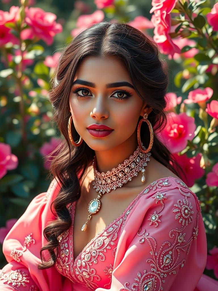 Iranian Girl in Pink Garden, Pop Art Oil Painting