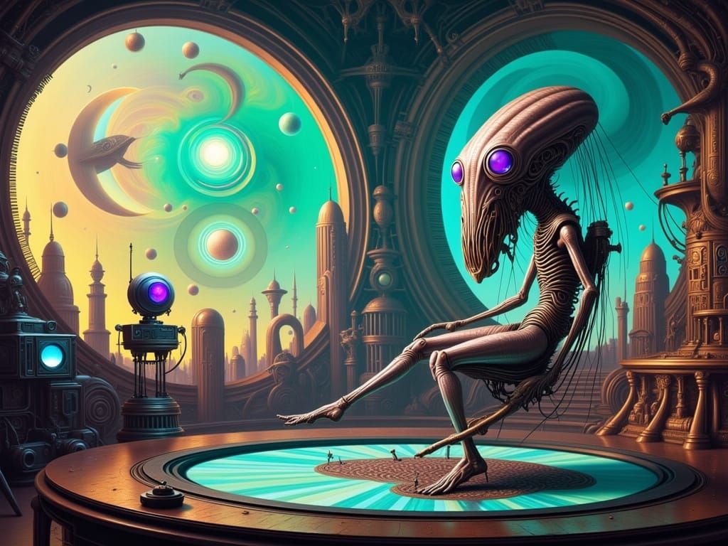 Surreal Alien News Anchor in Sci-Fi Setting