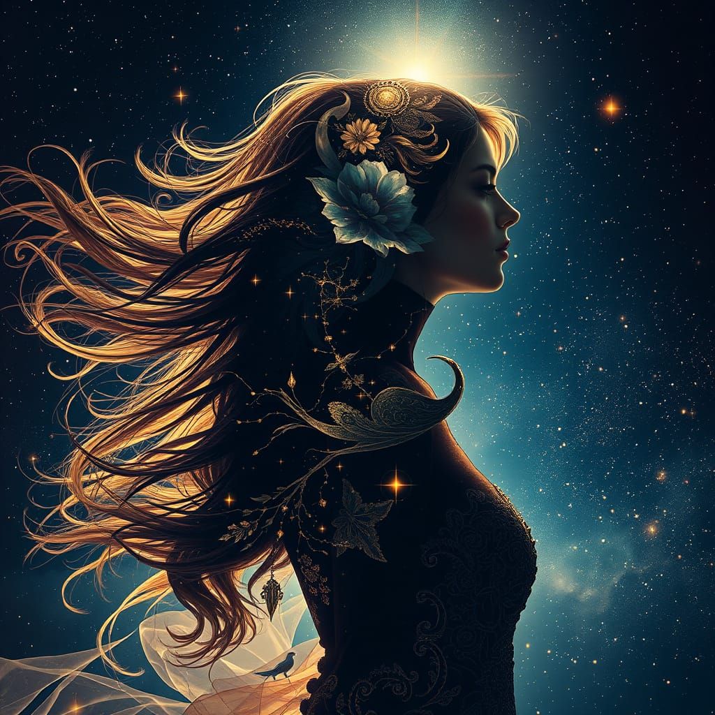 Ethereal Woman in Celestial Night Sky, Double Exposure