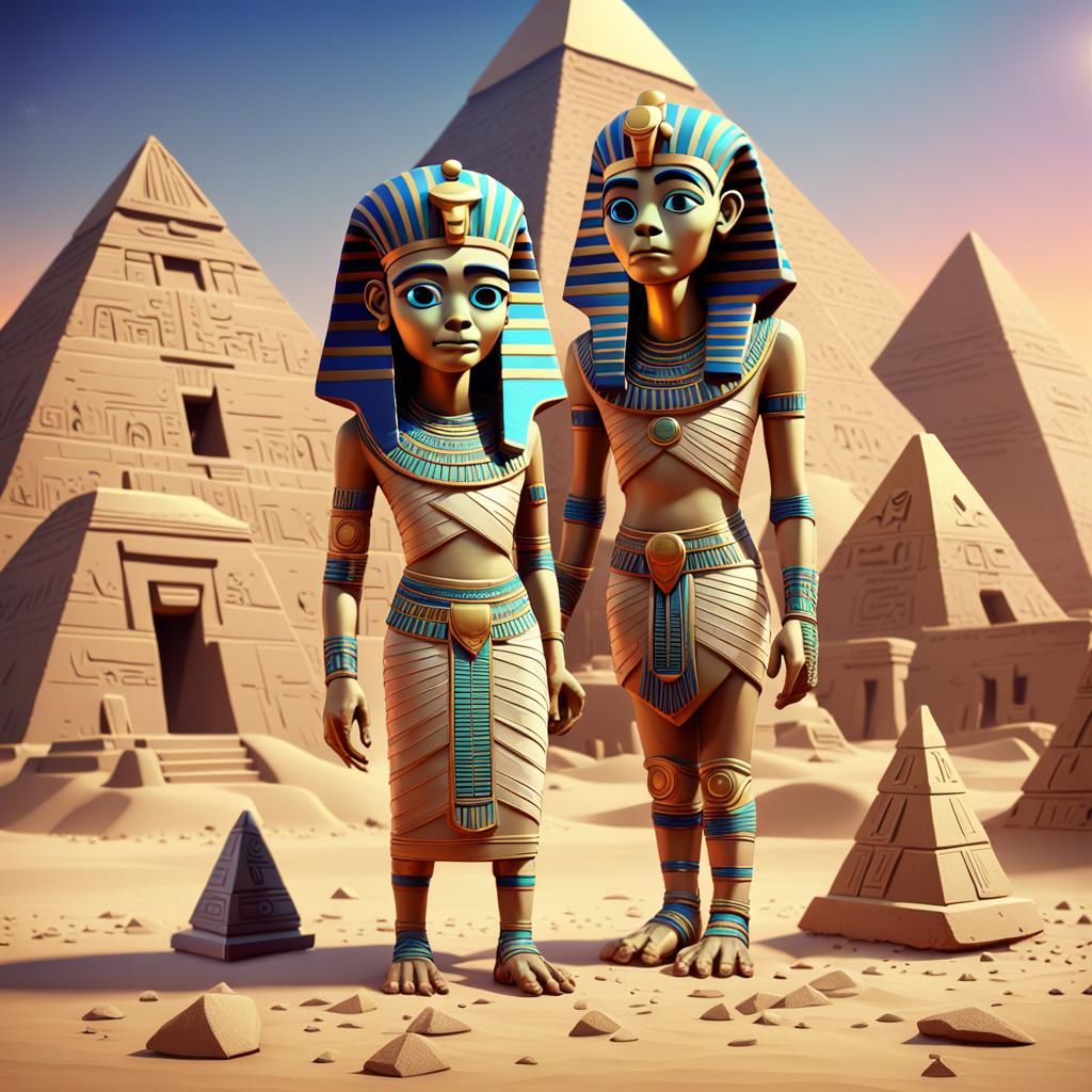 A cute Egyptian mummy with a pyramid beside it Pixar, Disney...