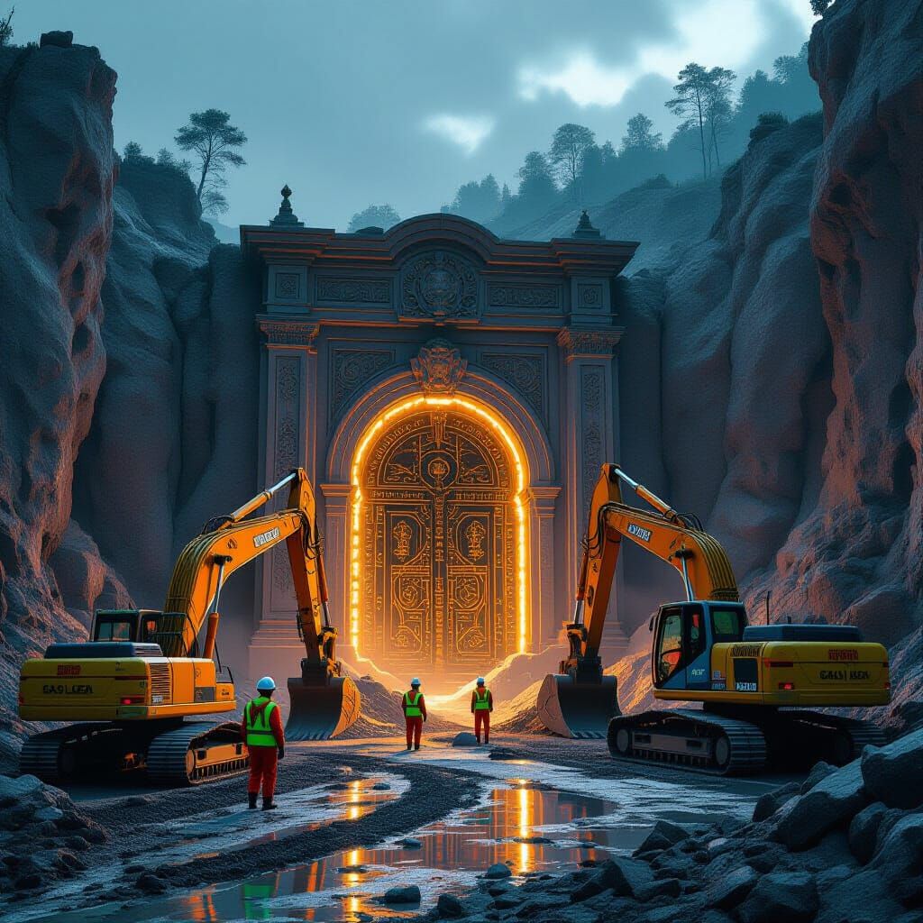 Quarry Unearths Magical Door in Dystopian Landscape