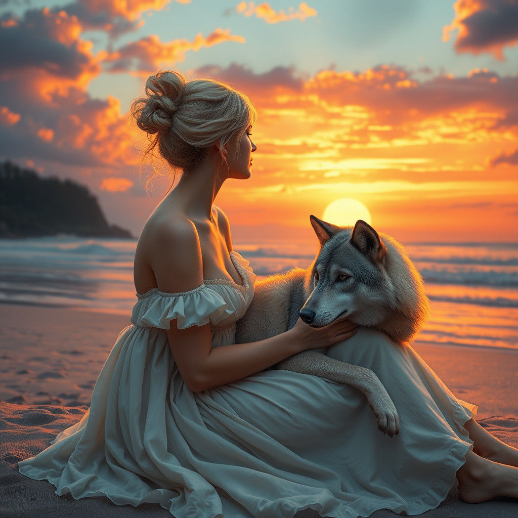 Woman and Wolf at Sunset: A Matte Painting