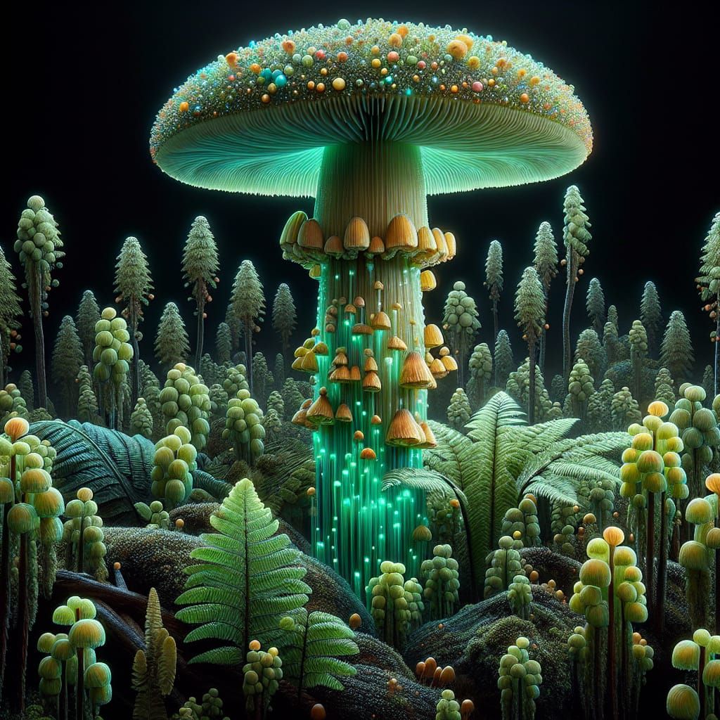 Bioluminescent Mushroom Trees in Alien Landscape