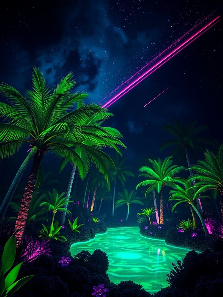 Bioluminescent Palms in Emerald Green Forest