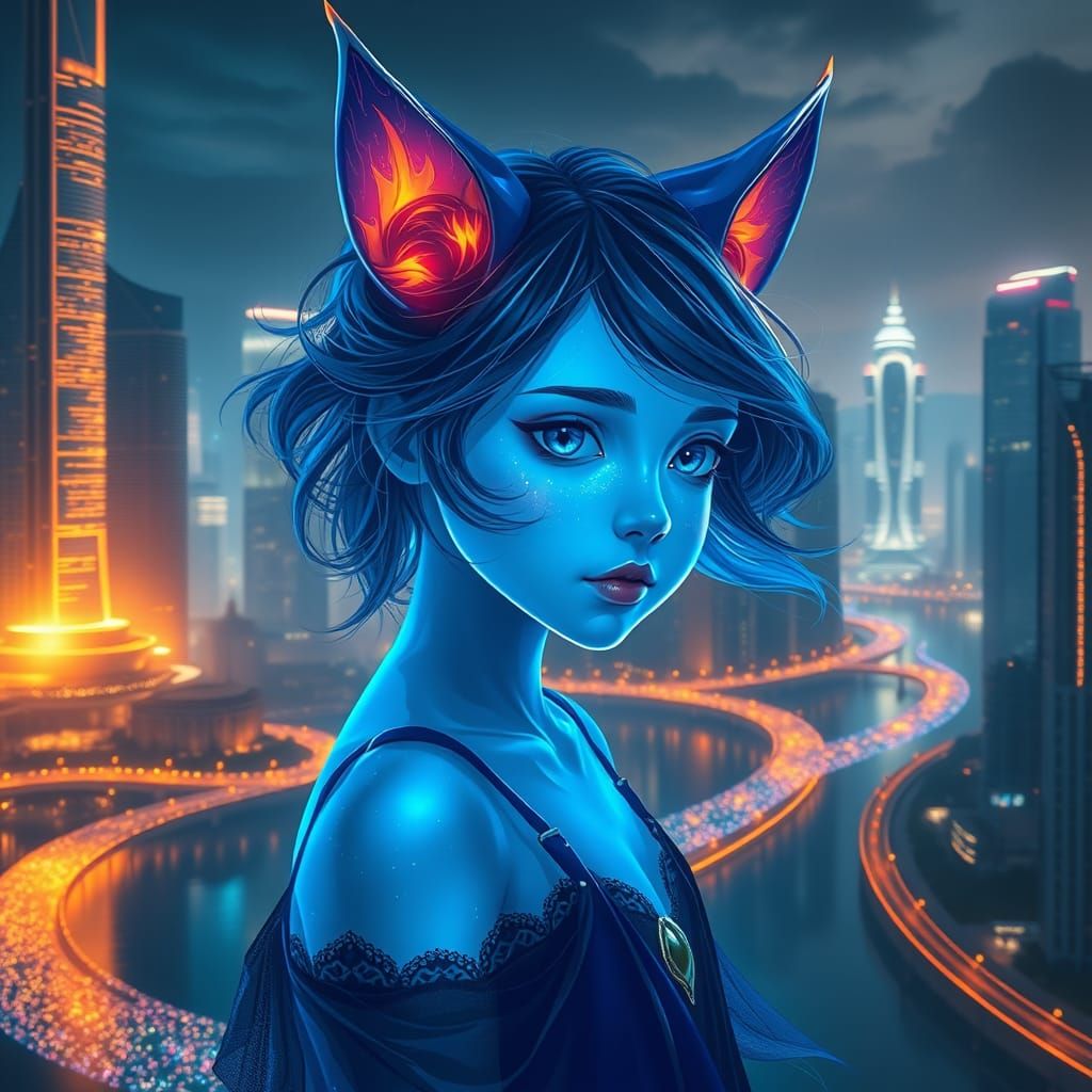 Fiery Blue Spirit in a Radiant Cityscape