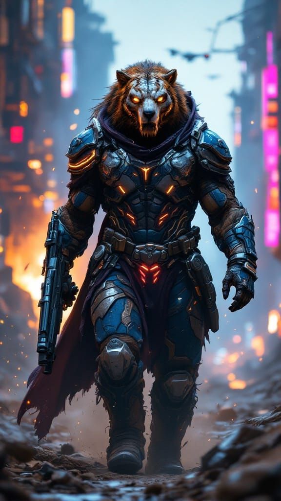 Guardian Beast Warrior Marches Through Ruined Metropolis