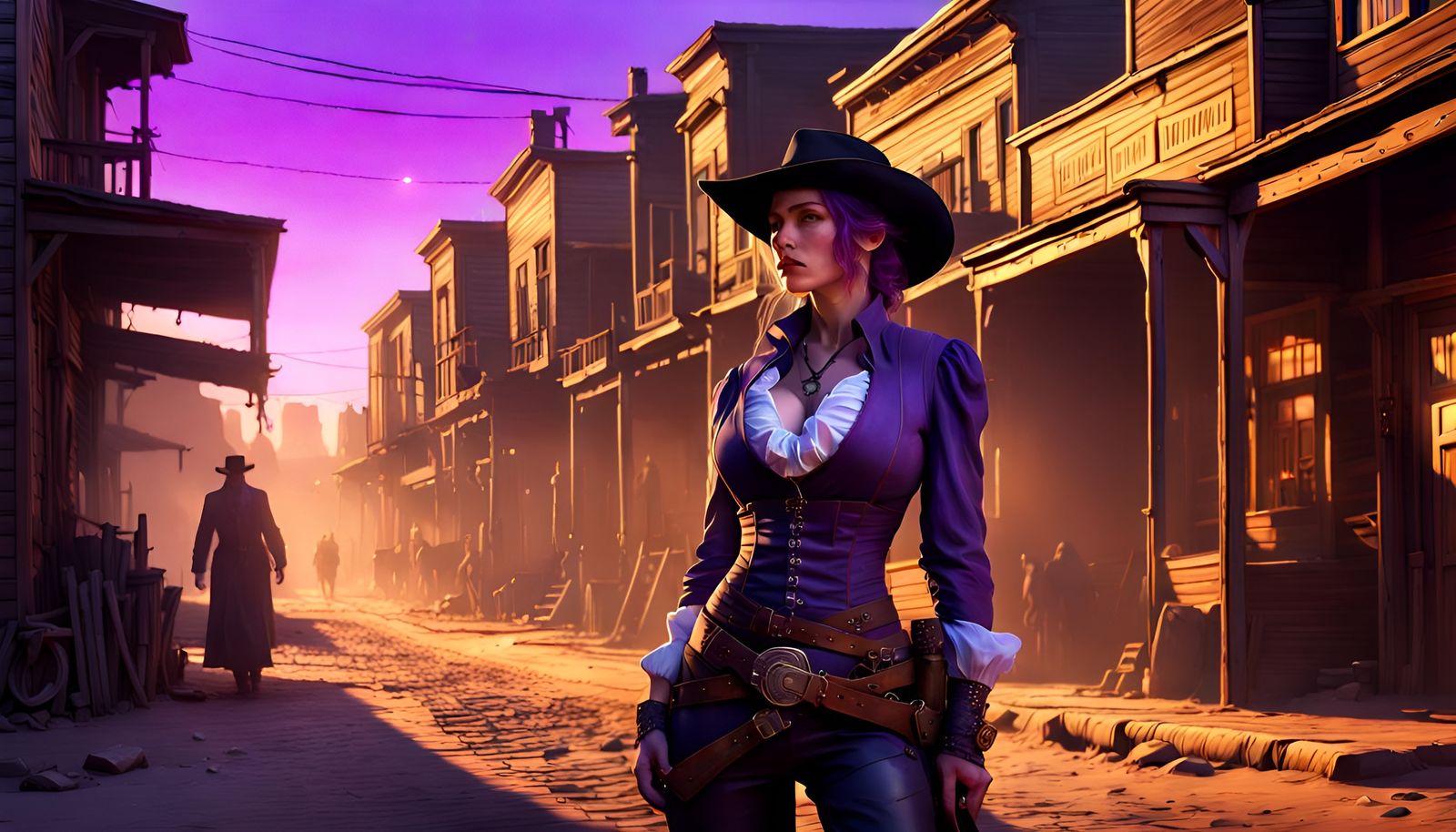 Female Gunslinger in Old West Town at Dusk