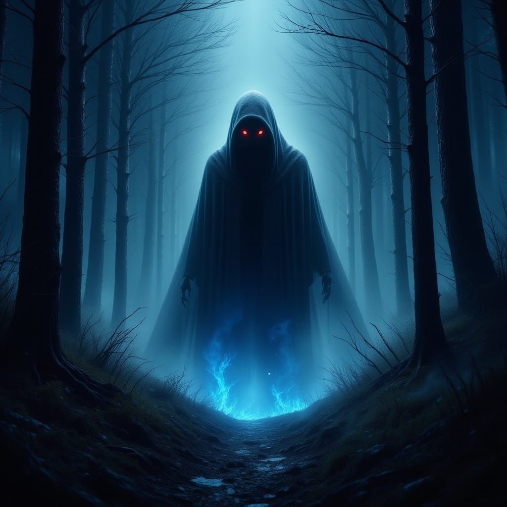 Ominous Shadowy Figure with Red Eyes in Dark Forest