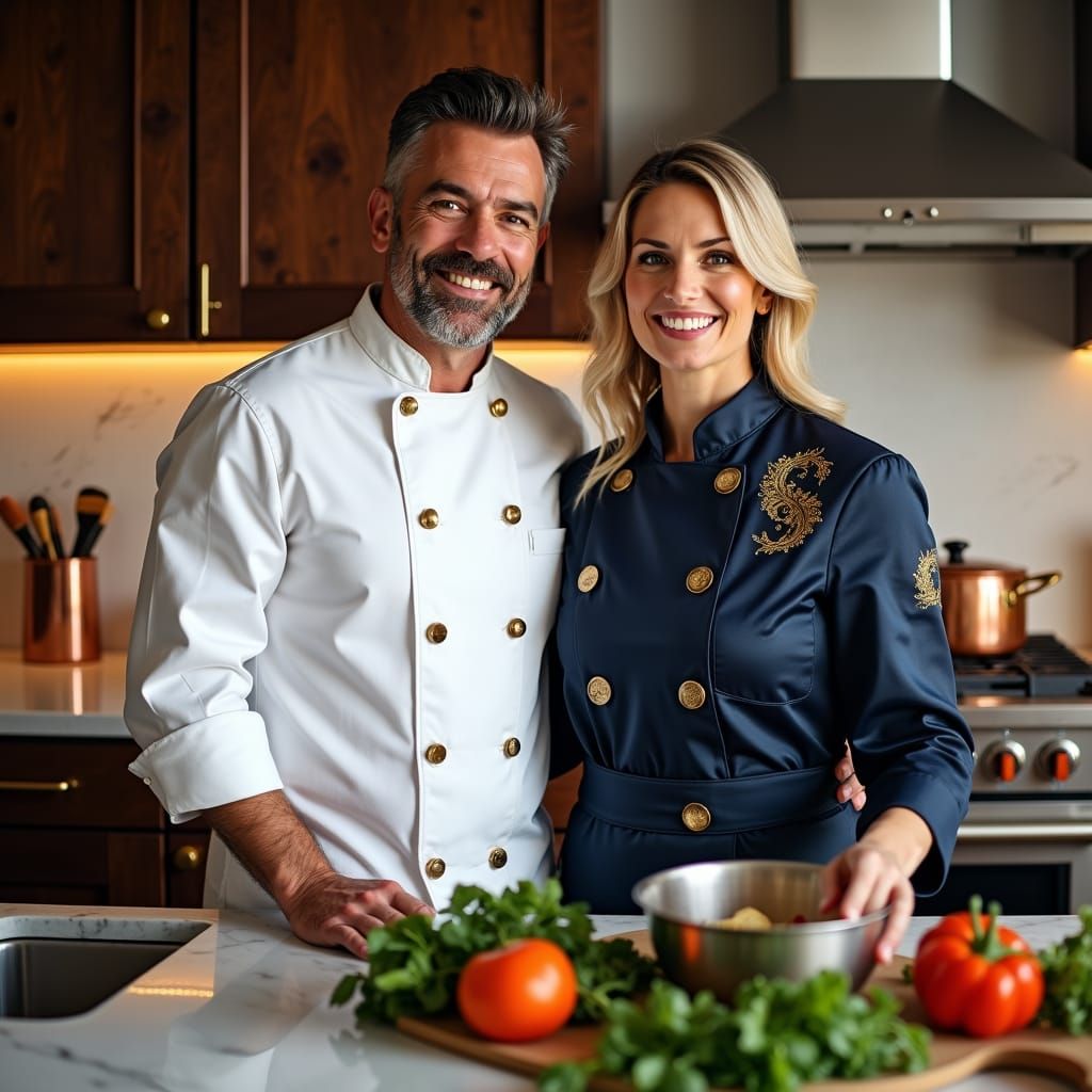 Professional Chef Couple Portrait in Modern Kitchen
