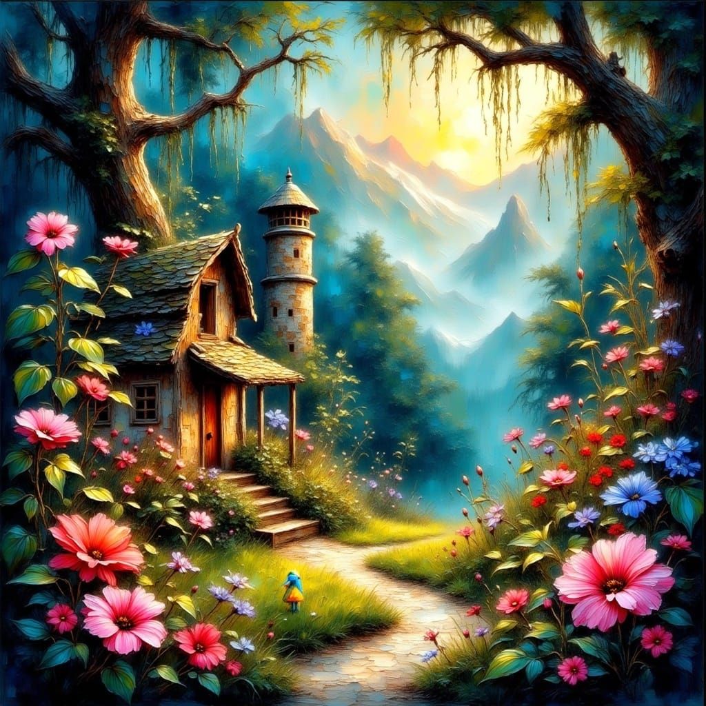 <lora:Impasto-Grunge:1.0> Whimsical, fantasy, Watercolor. Upside down fairy garden bathed in brilliant light, array of v...