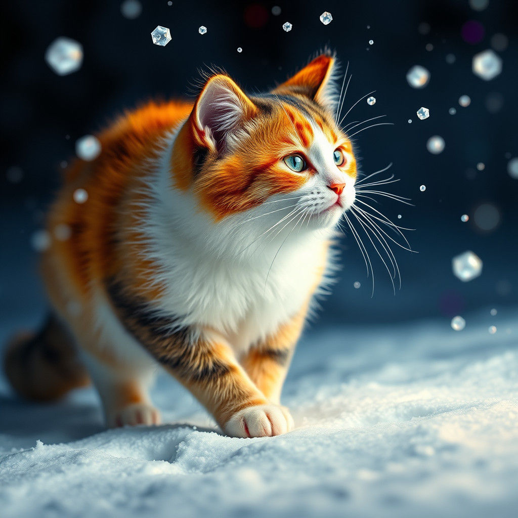 Tricolor Cat Steps on First Snow in Hyperrealistic Detail