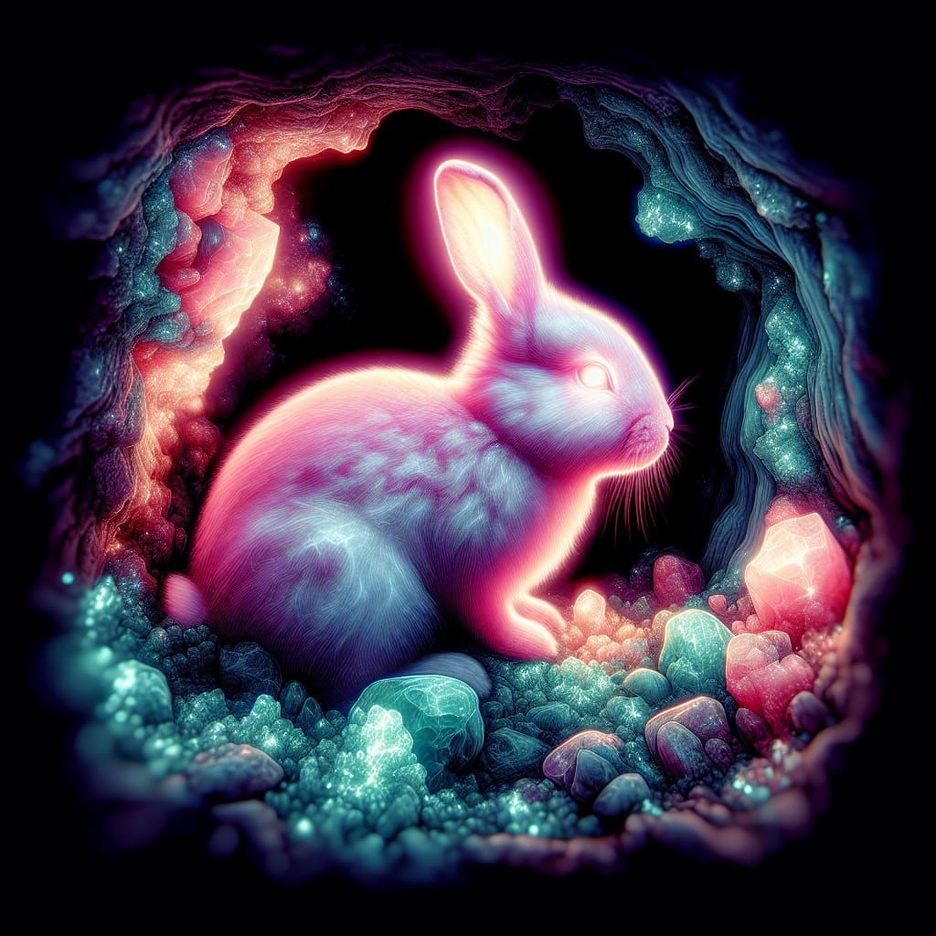 Glowing Pink Rabbit in a Mineral Cave
