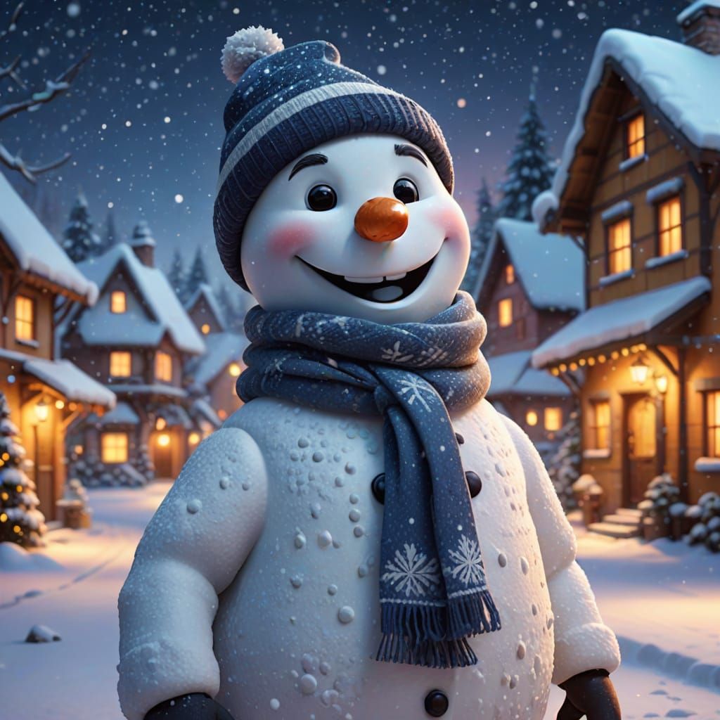 Joyful Snowman in Magical Snowy Village