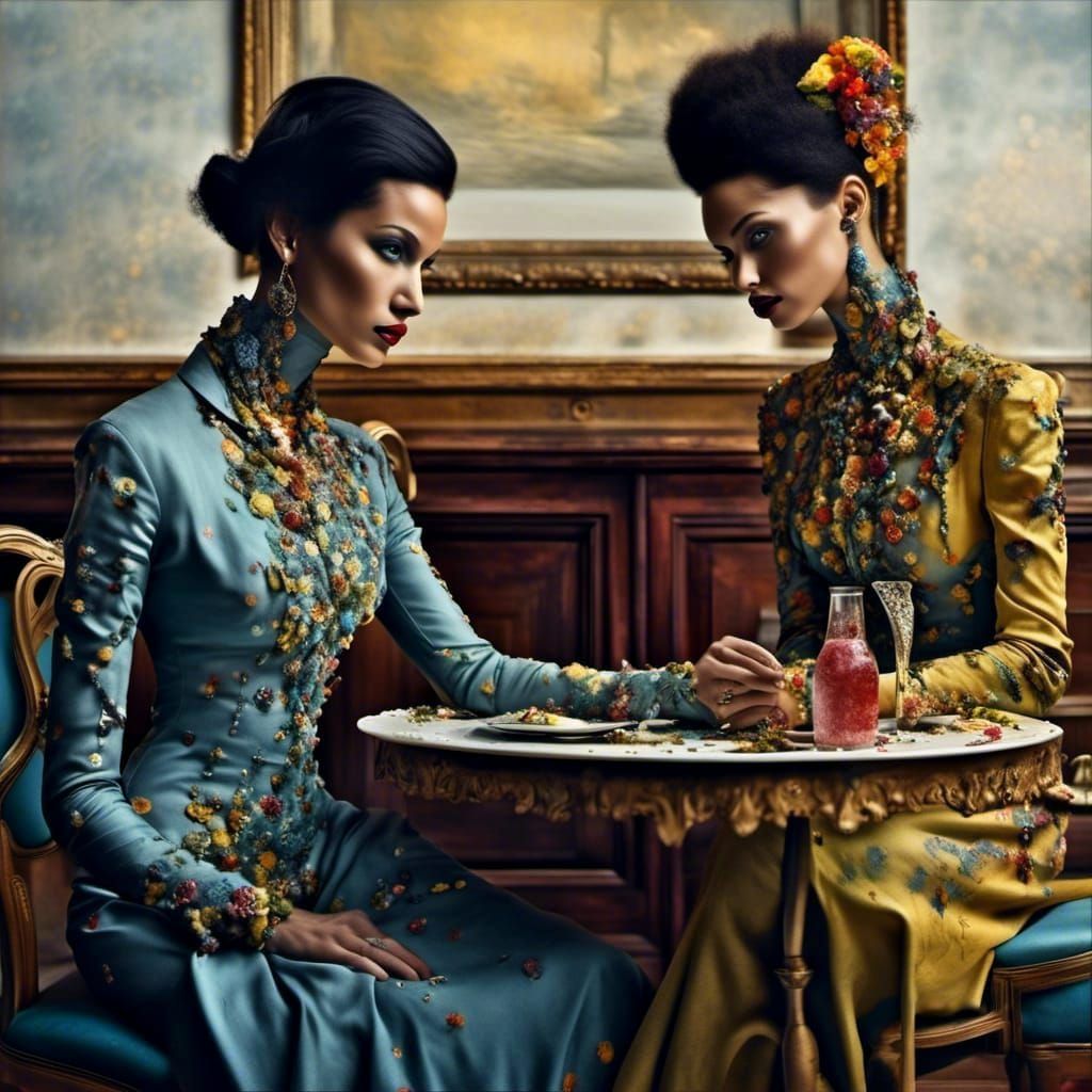 Polychromatic Alien at Table: Hyperrealistic Digital Art