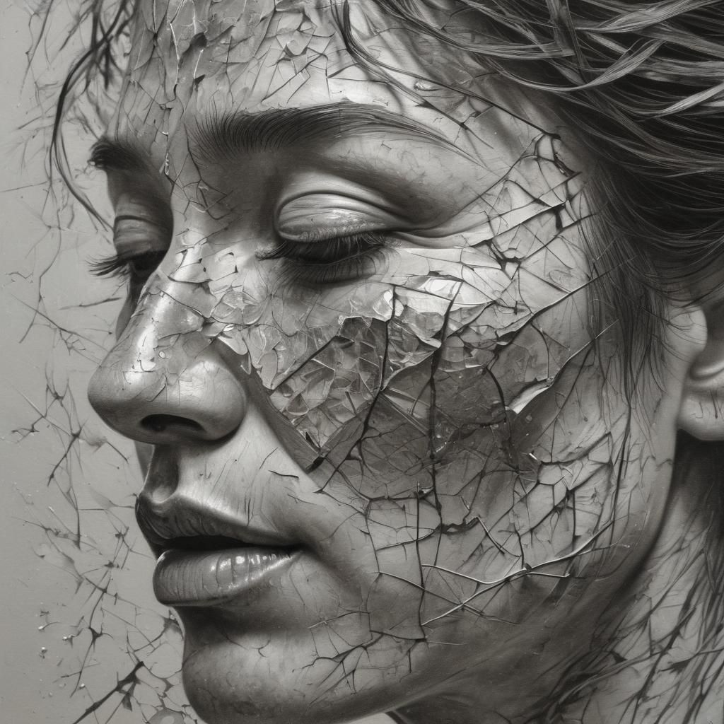 Tormented Face Illuminated by Warm Sunlight in Charcoal Draw...