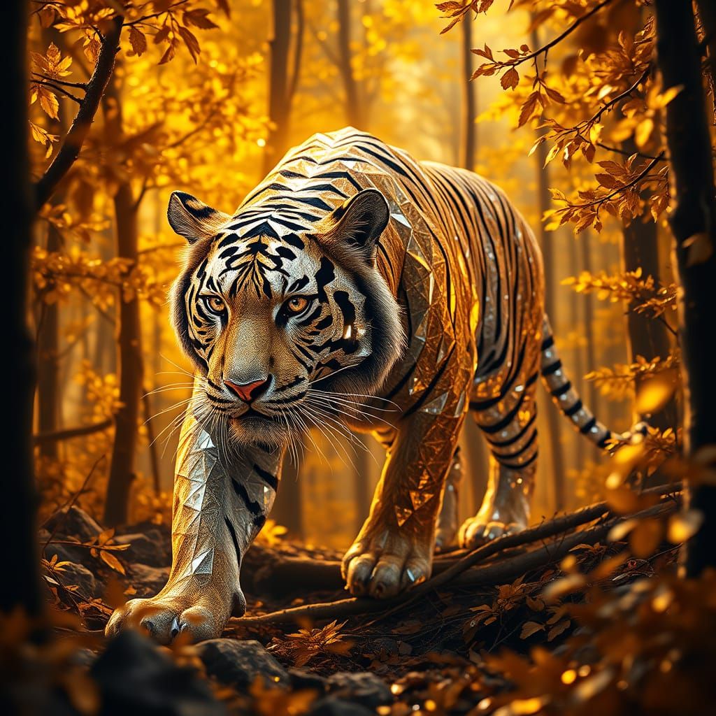 Diamond Tiger in Golden Forest: Photorealistic Cinematic Lig...