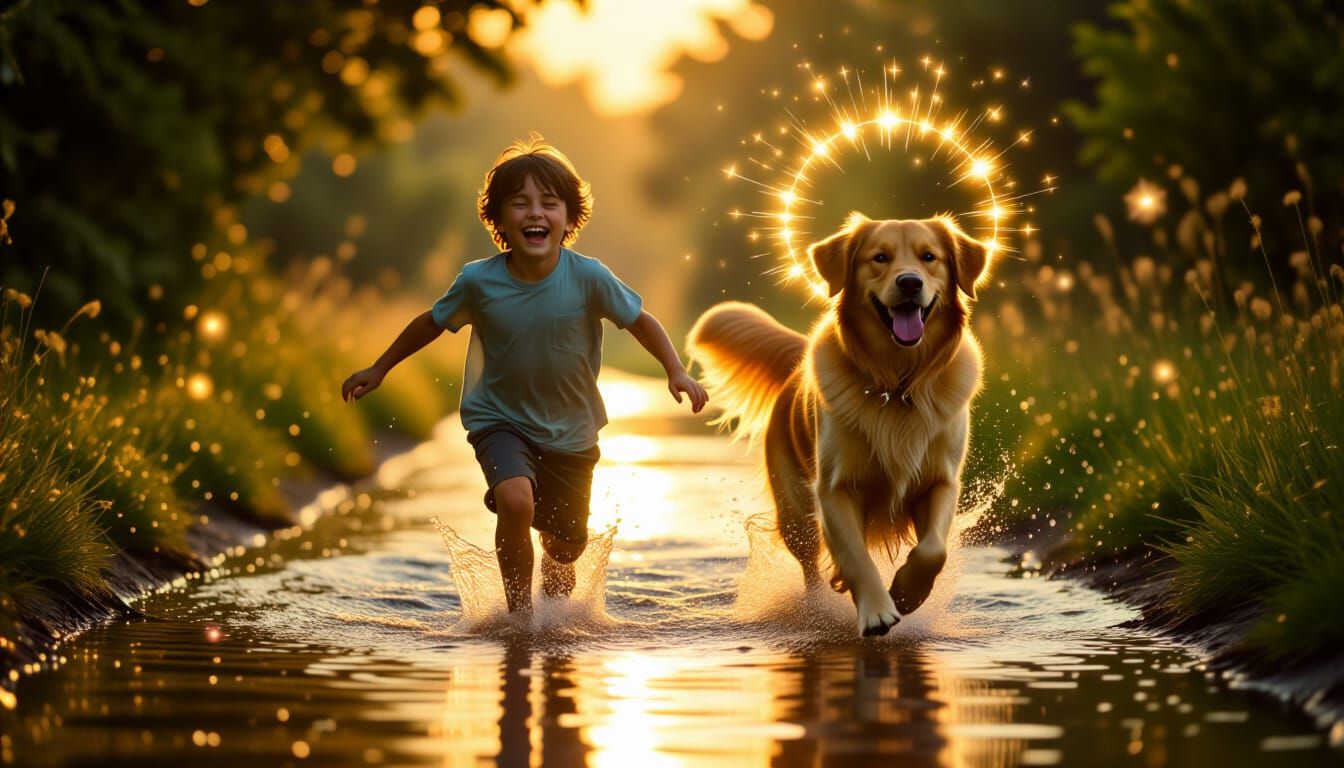 Laughing Boy and Dog Sprint Through Liquid Light