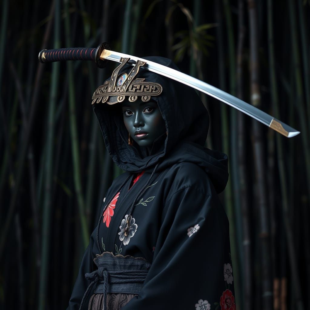 Black Geisha Samurai with Katana in Bamboo Forest