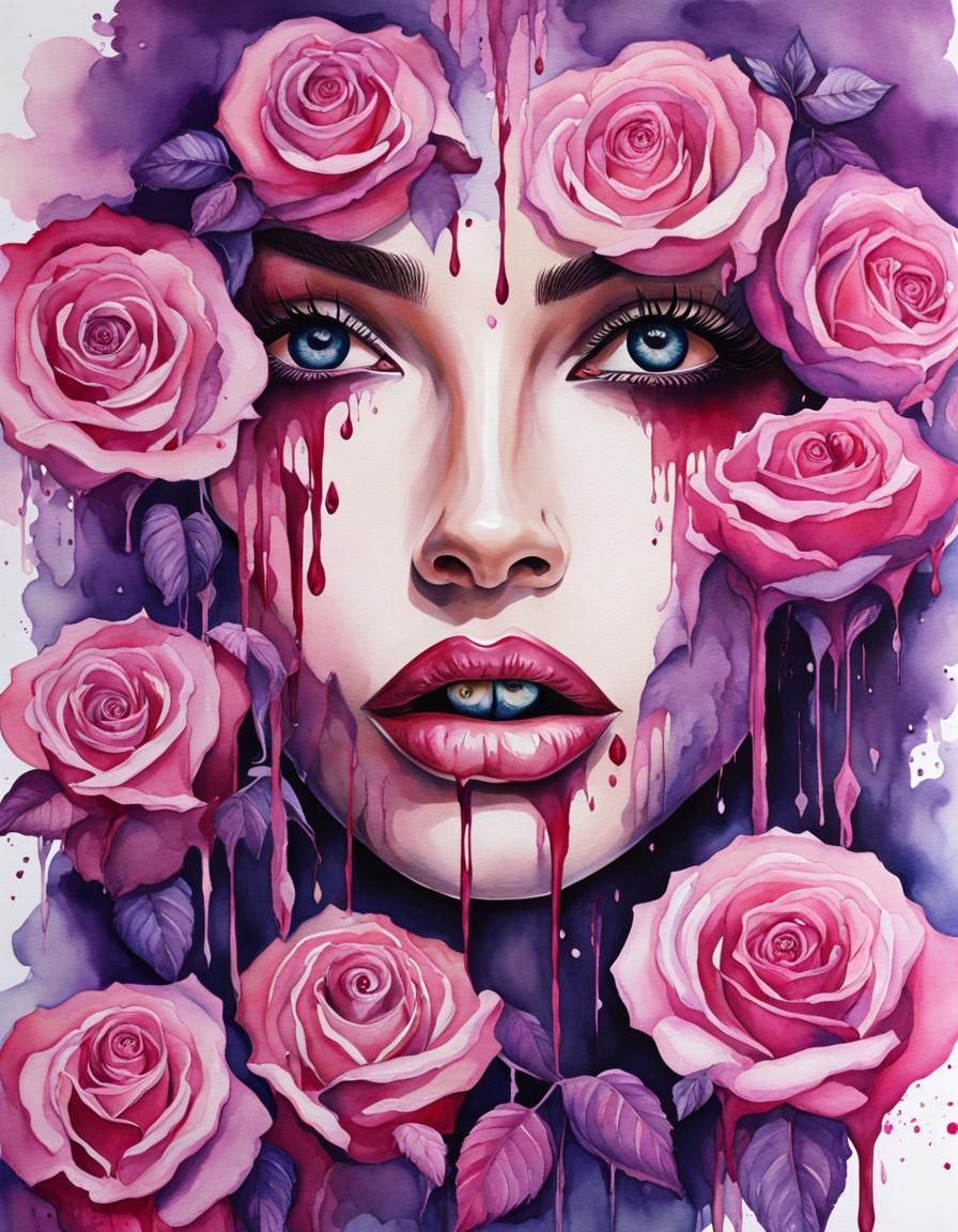 Watercolor Woman with Rose Eyes and Dripping Blood
