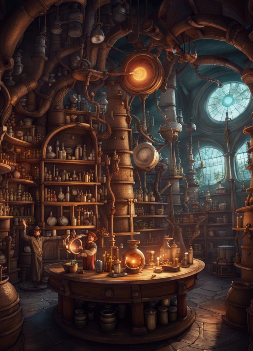 Fantastical Steampunk Laboratory with Wizard and Telescope