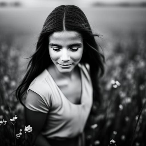 Smiling Dark-Haired Lady with Flower Portrait